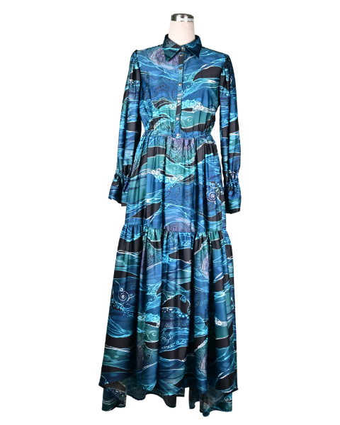 Picture of Batik Printed Dress, Long Sleeve Blue
